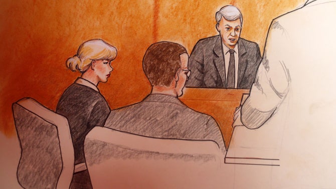 A courtroom drawing of Taylor Swift, defendant in Mueller v. Swift, in a Denver courtroom earlier today.