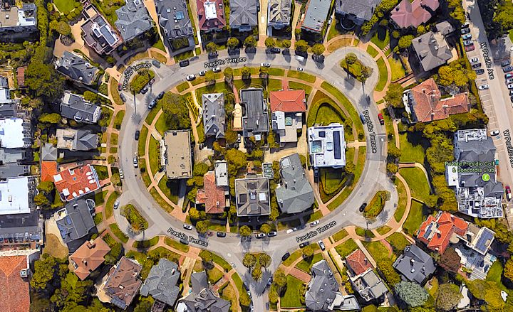 Presidio Terrace, an affluent gated community in San Francisco, as seen from above.