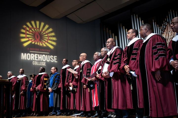 <p>Morehouse College dignitaries, administrators, and trustees line the stage of the Martin Luther King Jr. International Chapel during the graduation ceremony on the Morehouse Campus Sunday, May 21, 2017. </p>