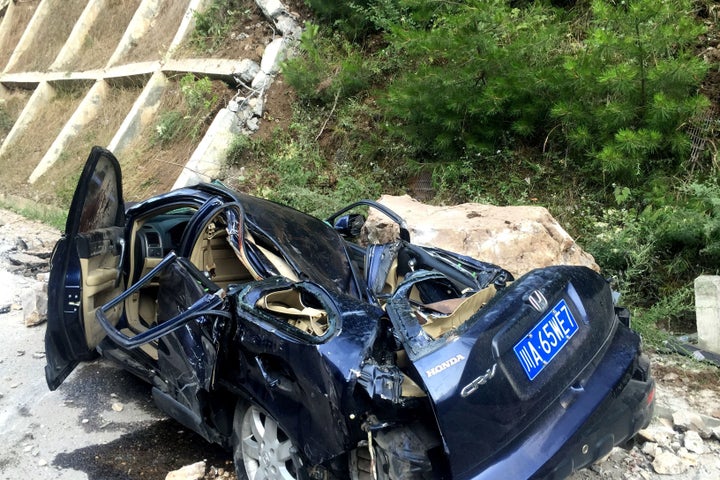 A car was damaged during Wednesday's earthquake in Jiuzhaigou in China's southwestern Sichuan province.
