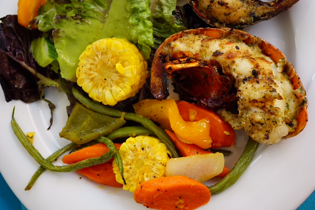 Lobster with grilled veggies and salad