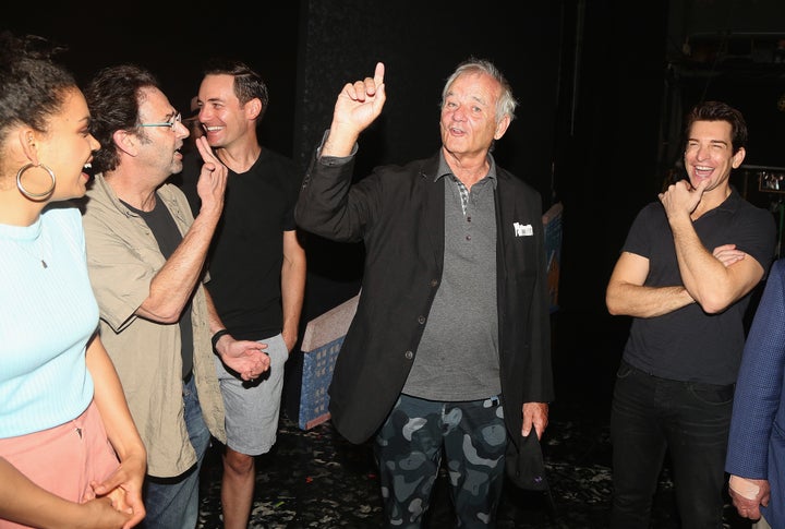 Bill Muray chats with the cast backstage at the "Groundhog Day" musical on Broadway.