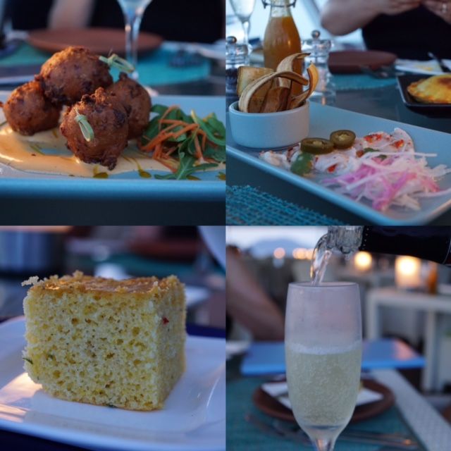 Lobster fritters, ceviche, corn bread and prosecco from Mango