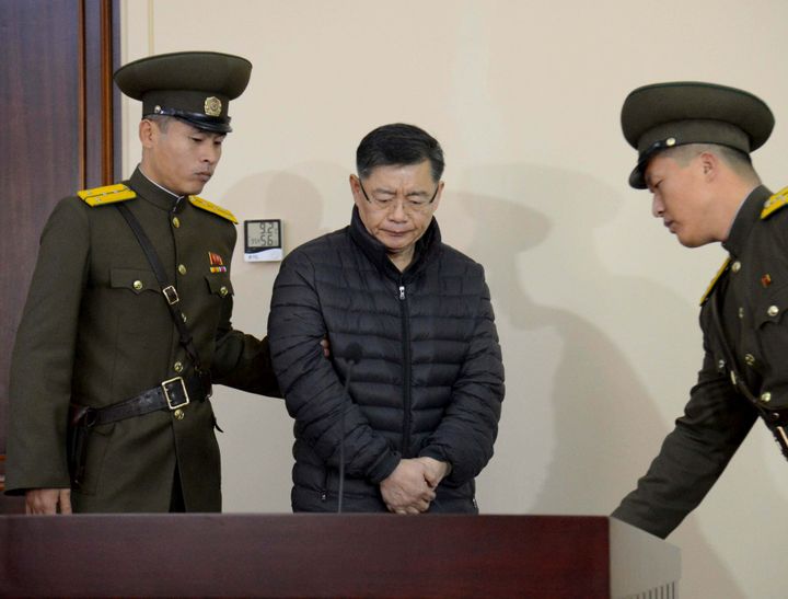 South Korea-born Canadian pastor Hyeon Soo Lim stands during his trial at a North Korean court in this undated photo released by North Korea's Korean Central News Agency.