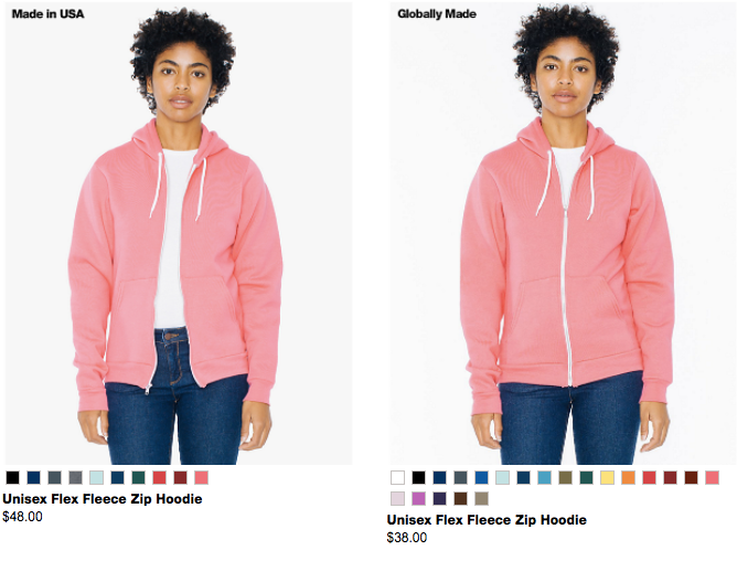 You can buy an American-produced hoodie for $48, or one made in an international factory for $38. 