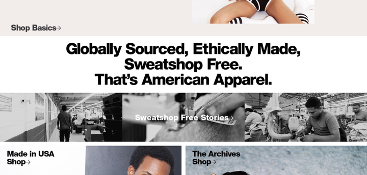 "Globally sourced, ethically made, sweatshop free. That's American Apparel," is a new tagline for what formerly was American apparel. 