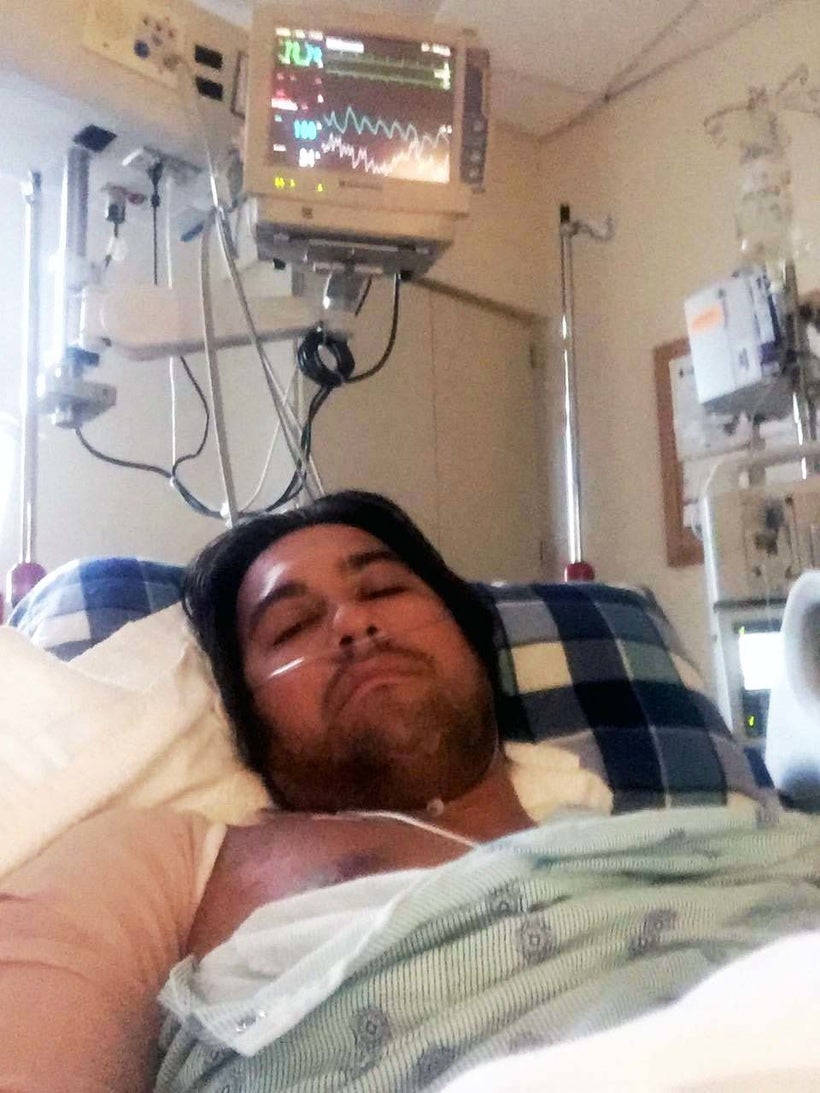 American Kawika Matsu in Florida ICU on July 30, 2017. This photo appeared with the first Facebook post by Kawika, quoted in