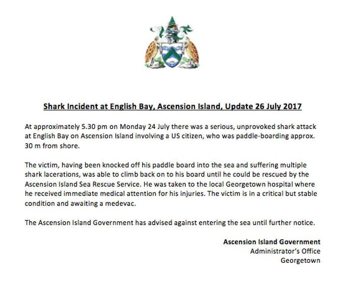 Updated information on the shark attack on Kawika Matsu, issued in a Public Notice by The Ascension Island Government on July 26, 2017.