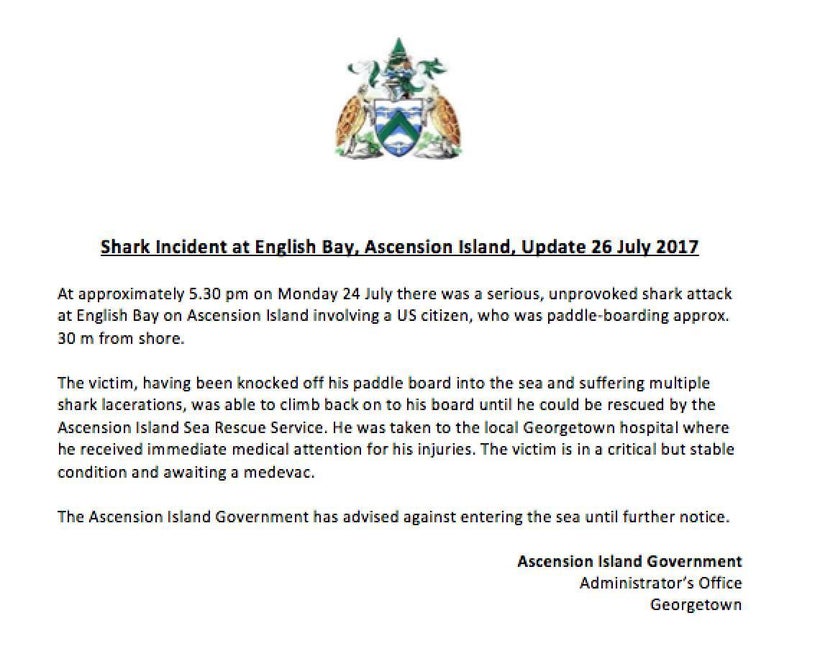 Updated information on the shark attack on Kawika Matsu, issued in a Public Notice by The Ascension Island Government on July
