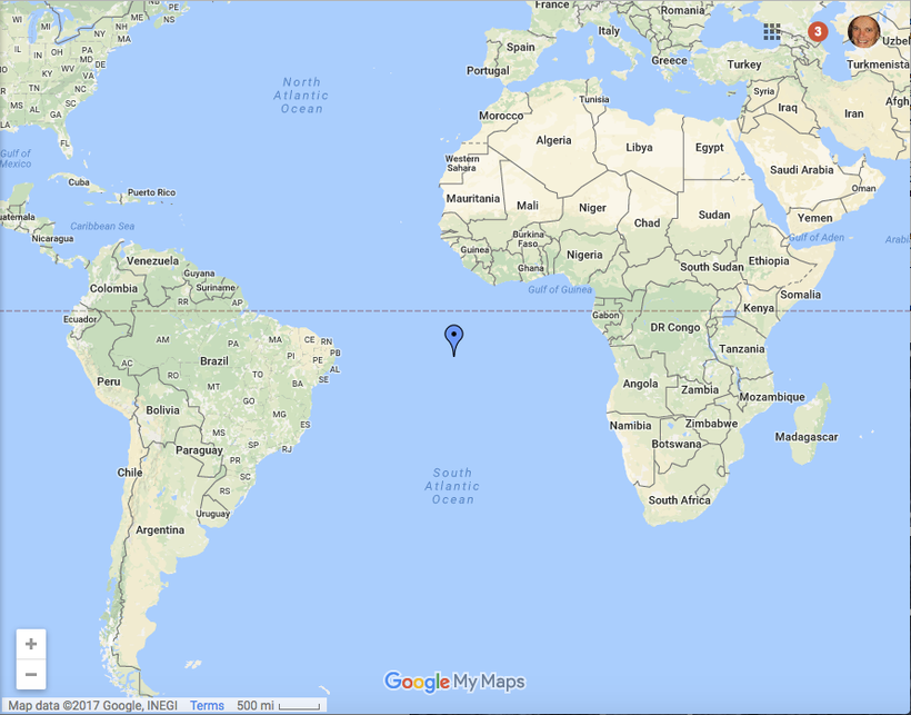 Location of Ascension Island, between Brazil and Africa - a long distance from the Florida hospital in which Kawika Matsu is