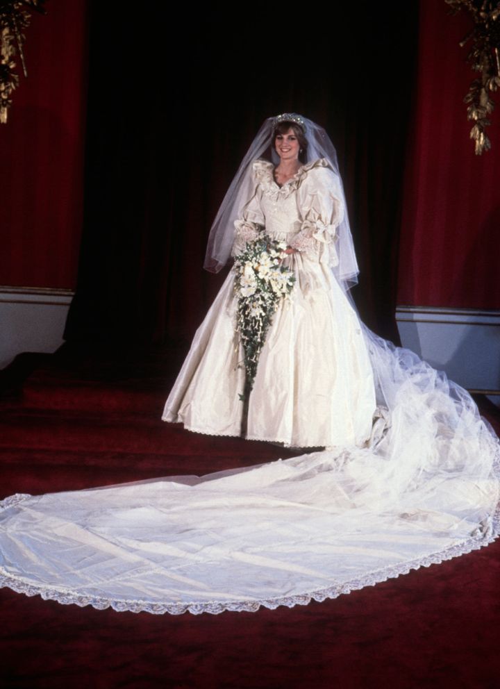 Diana, Princess of Wales, in her bridal dress on the day of her wedding to Prince Charles