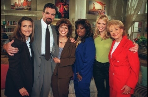 The first View lineup: Meredith Vieira, guest Tom Selleck, Joy Behar, Star Jones, Debbie Matenopoulos and Barbara Walters. 