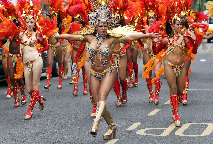The Paraiso School of Samba take part in the Notting Hill Carnival, London.