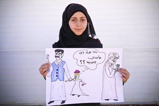 A girl holding a drawing that reads "Daddy where is he taking me? Is it to the park?" The man drawn next to her is holding a scroll that says "marriage certificate."