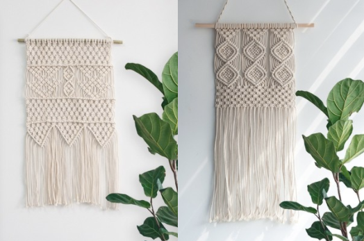 <a href="https://www.amazon.com/dp/B071JLCRR5/ref=twister_B072M9RBM5?_encoding=UTF8&th=1" target="_blank">Right: 12" macrame wall hanging -- $20 on Amazon</a><br /><a href="https://www.amazon.com/dp/B0727MBS5S/ref=twister_B072M9RBM5?_encoding=UTF8&th=1" target="_blank">Left: 13" macrame wall hanging -- $24 on Amazon</a>