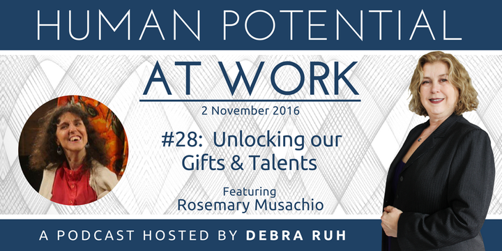 Human Potential at Work Podcast Show Flyer for the Episode Unlocking Our Gifts and Talents Ft. Rosemary Musachio.