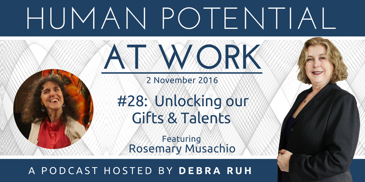 <p>Human Potential at Work Podcast Show Flyer for the Episode Unlocking Our Gifts and Talents Ft. Rosemary Musachio.</p>