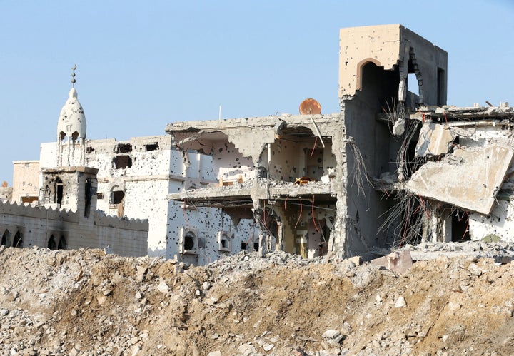 A damaged mosque and its surroundings in Awamiya on Aug. 9, 2017.