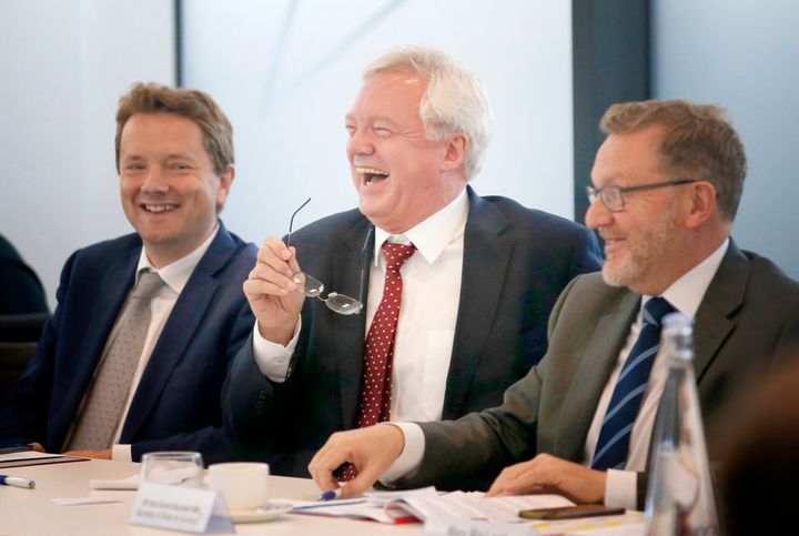 (left to right) Special Advisor for the Department for Exiting the EU James Chapman, Secretary of State for the Department of Exiting the European Union David Davis and the Secretary of State for Scotland David Mundell