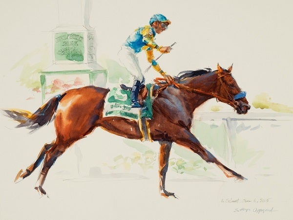 Sandra Oppegard (American, born 1941) ‘<strong><em>American Pharoah - Triple Crown</em></strong>’ (Belmont) Watercolors, 11”