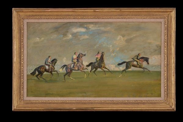 Sir Alfred Munnings (British, 1878-1959), ‘Early Morning Exercise, Newmarket’, Oil on canvas, 15 1/4” x 28 1/4”, $250,000