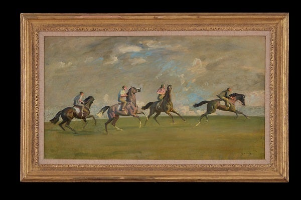 Sir Alfred Munnings (British, 1878-1959), ‘<strong><em>Early Morning Exercise, Newmarket</em></strong>’, Oil on canvas, 15 1&