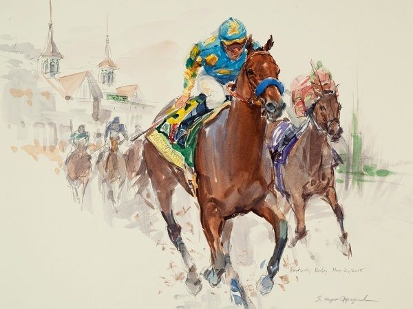 Sandra Oppegard (American, born 1941), ‘American Pharoah - Triple Crown’ (Kentucky Derby), Watercolors, 11” x 14”
