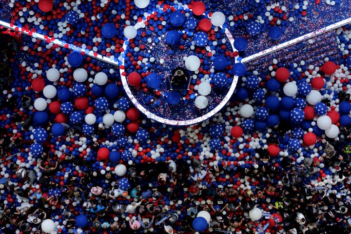 Rev. Bill Shillady closes with the benediction as attendees and delegates stand amongst balloons on the fourth day of the Democratic National Convention at the Wells Fargo Center, July 28, 2016 in Philadelphia, Pennsylvania.