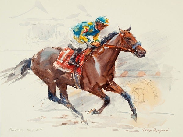Sandra Oppegard (American, born 1941), ‘<strong><em>American Pharoah - Triple Crown</em></strong>’ (Preakness), Watercolors,