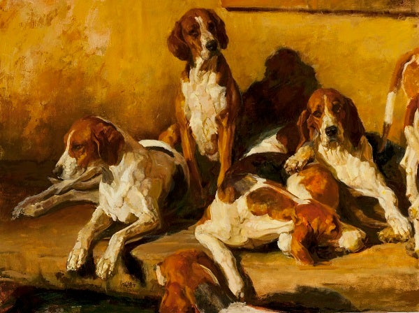 Juli Kirk (American, born 1957), ‘<strong><em>Hounds in a Kennel</em></strong>’, Oil on canvas, 30” x 40”, $7,000
