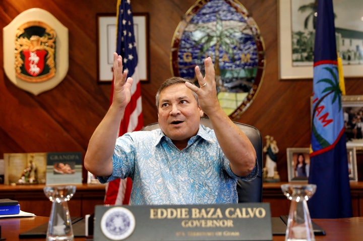 Guam Governor Eddie Calvo speaks during an interview with Reuters at the government complex on the island .