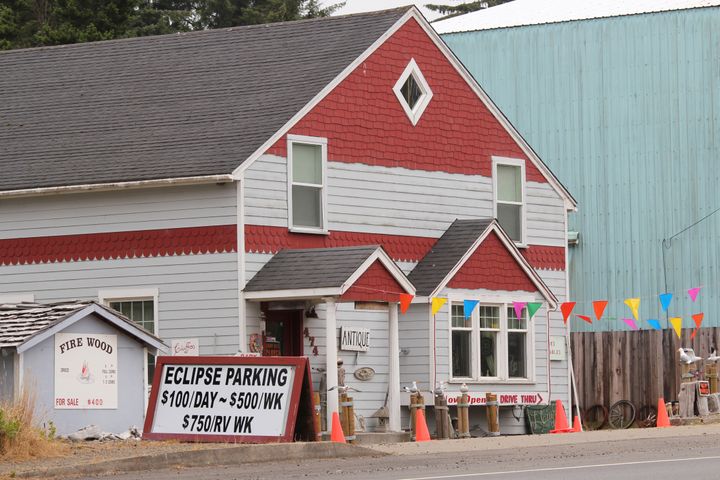 A parking sign in Depoe Bay, Oregon, displays a high price for eclipse visitors. 