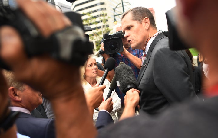 Taylor Swift's lead attorney, Douglas Baldridge, speaks to media Friday outside the Denver courthouse.