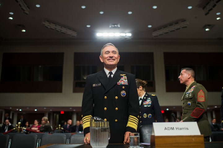 Adm. Harry Harris Jr., commander of the U.S. Pacific Command, arrives to testify at a Senate Armed Services Committee hearing about North Korea on April 27.