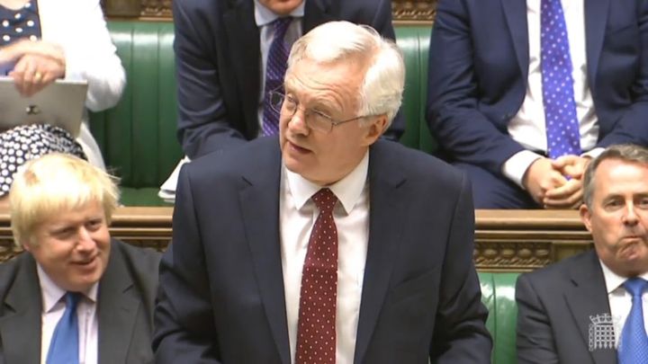 Brexit Secretary David Davis makes a statement in the House of Commons, London, flanked by Foreign Secretary Boris Johnson, left, and International Trade Secretary Liam Fox