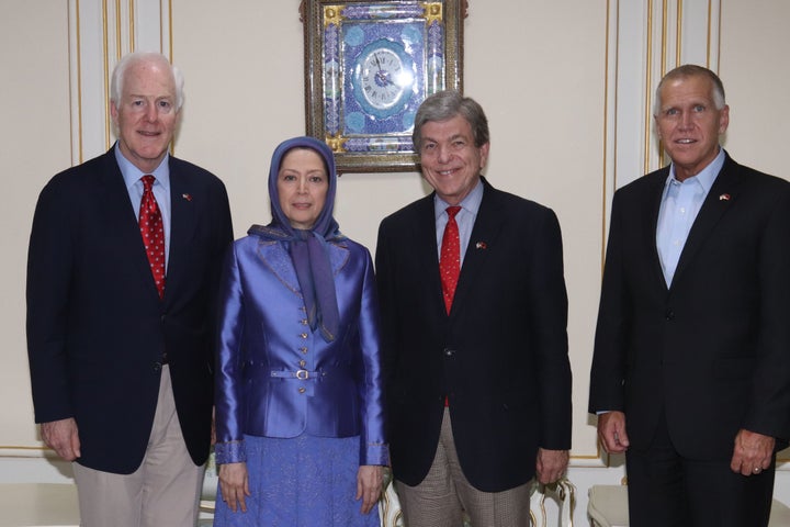 Tirana, Albania, August 12, 2017 - Mrs. Maryam Rajavi (center), the President-elect of the National Council of Resistance of Iran meeting a senior delegation from the United States Senate. From right: Senators Thom Tillis (R-NC), Roy Blunt (R-MO), and John Cornyn (R-TX). 