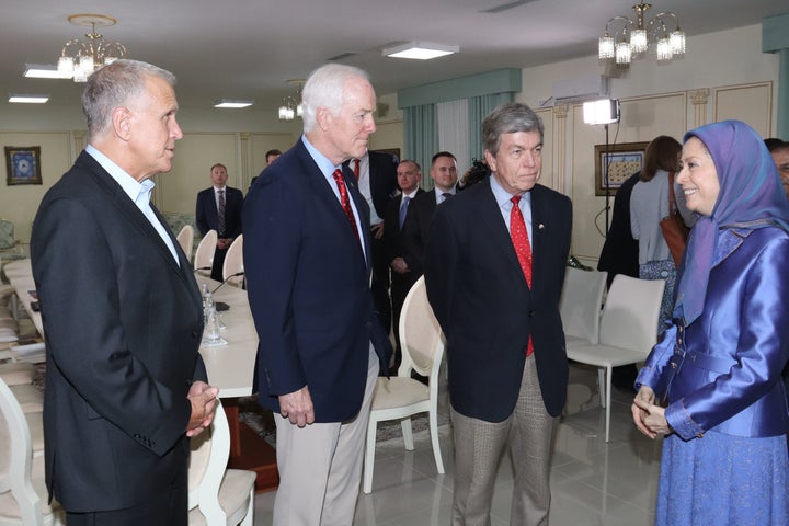 Tirana, Albania, August 12, 2017 - Mrs. Maryam Rajavi (center), the President-elect of the National Council of Resistance of Iran meeting a senior delegation from the United States Senate. From right: Senators Roy Blunt (R-MO), John Cornyn (R-TX), and Thom Tillis (R-NC). 