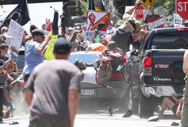Anti-racist protesters were mowed down by a speeding vehicle during the white-supremacist gathering in Charlottesville on Saturday.
