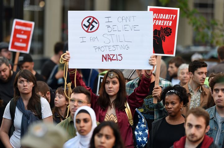 Anti-racist protesters marched on the streets of Oakland, California, on Aug. 12, 2017 in response to a series of violent clashes that erupted at a white-nationalist rally in Charlottesville, Virginia.