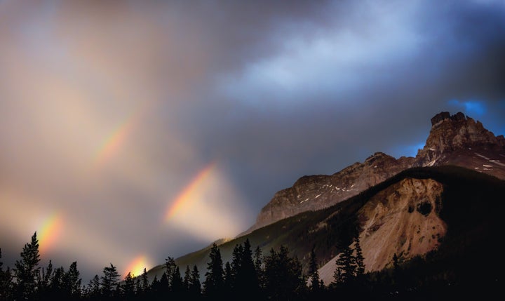 <p>A double rainbow over Cathedral Peak during a big storm in Yoho National Park. Photo taken from my campsite at Monarch. </p>