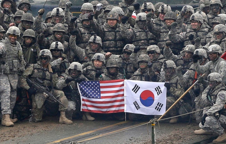 U.S. and South Korean Militaries pose during a joint military exercise, 2015