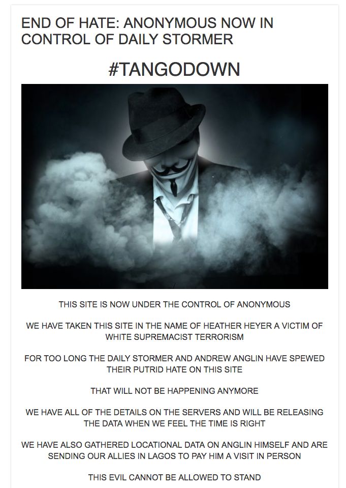 A message appeared on the Daily Stormer site claiming it had been hacked by Anonymous
