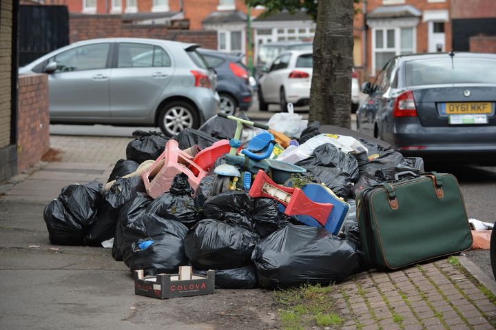 Rubbish lies uncollected on Kenelm Road in Birmingham, as the city's bin strike continues into its sixth week