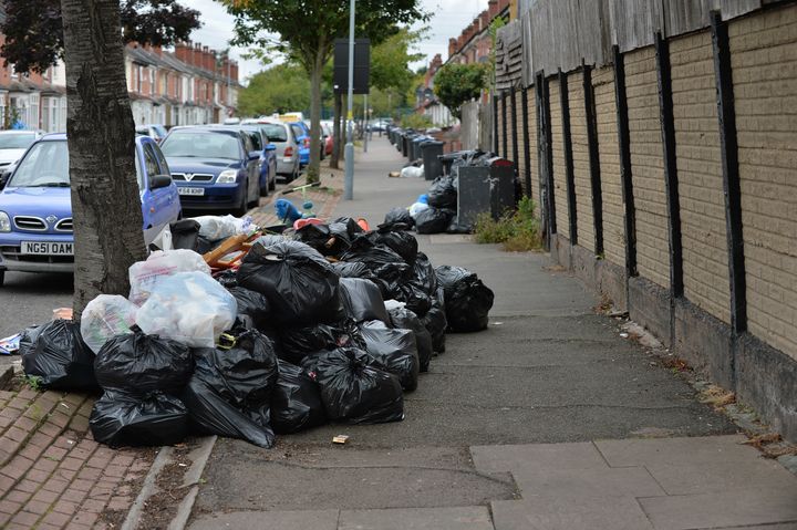 Foul-smelling waste lies strewn across a street in Birmingham. Residents have reported an increase in vermin outside