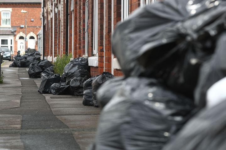 Rubbish bags piled high in Tarry Road, Birmingham amid the ongoing industrial dispute 