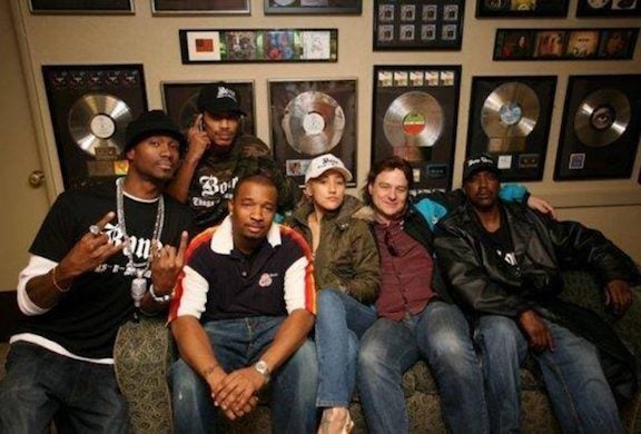 <strong><em>Dave Banta (2nd from right) in Bone Thugs-n-Harmony session at Hollywood’s Sunset Sound </em></strong>