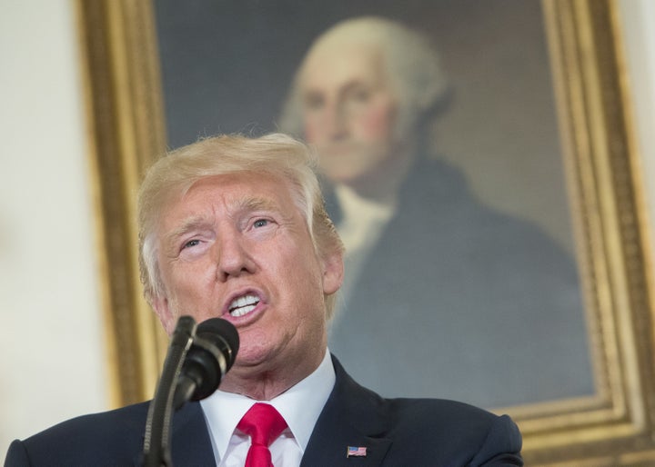 Trump delivers a statement in the Diplomatic Reception Room of the White House in Washington, D.C., on Aug. 14, 2017.