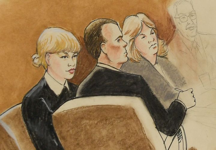 A courtroom sketch by artist Jeff Kandyba of Taylor Swift in court.