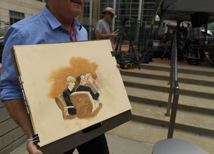 A courtroom sketch by artist Jeff Kandyba of Taylor Swift in court.