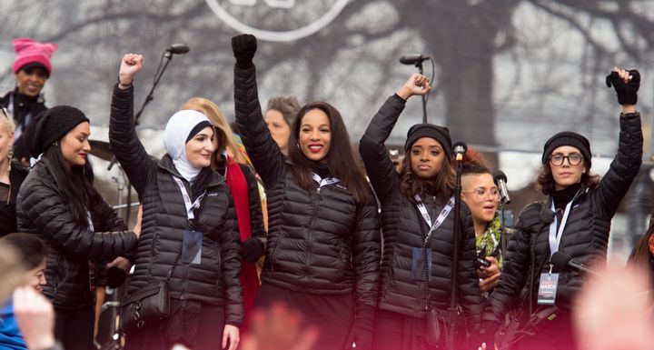 Women's March national co-chairs Carmen Perez, Linda Sarsour and Tamika D. Mallory attend the Women's March on Washington on Jan. 21 in Washington, D.C.
